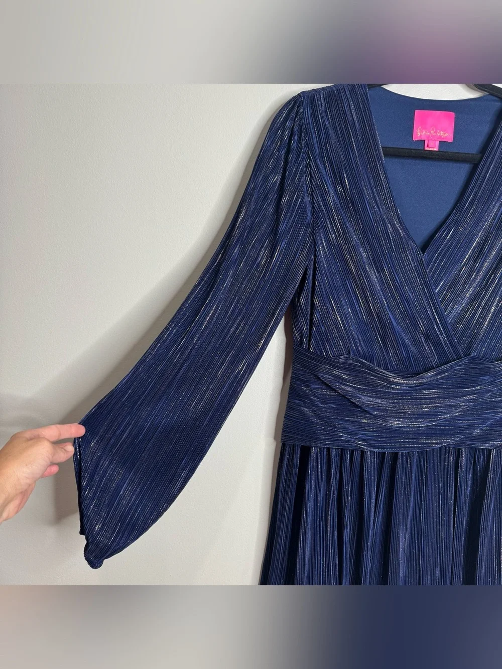 Lilly Pulitzer Jessamie Plisse Long Sleeve Dress Low Tide Navy Gold Metallic 4